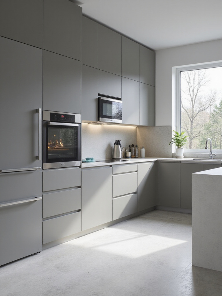 Modern kitchen with integrated appliances and seamless cabinetry