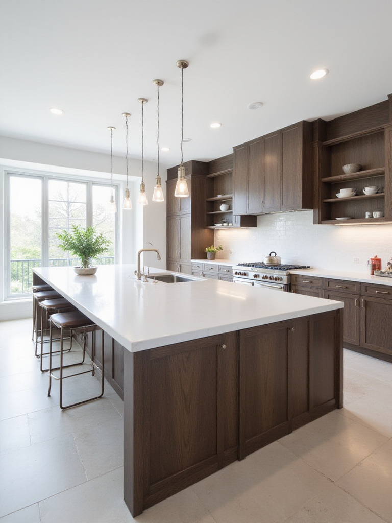 Modern kitchen with a large island featuring a cooktop and bar seating.