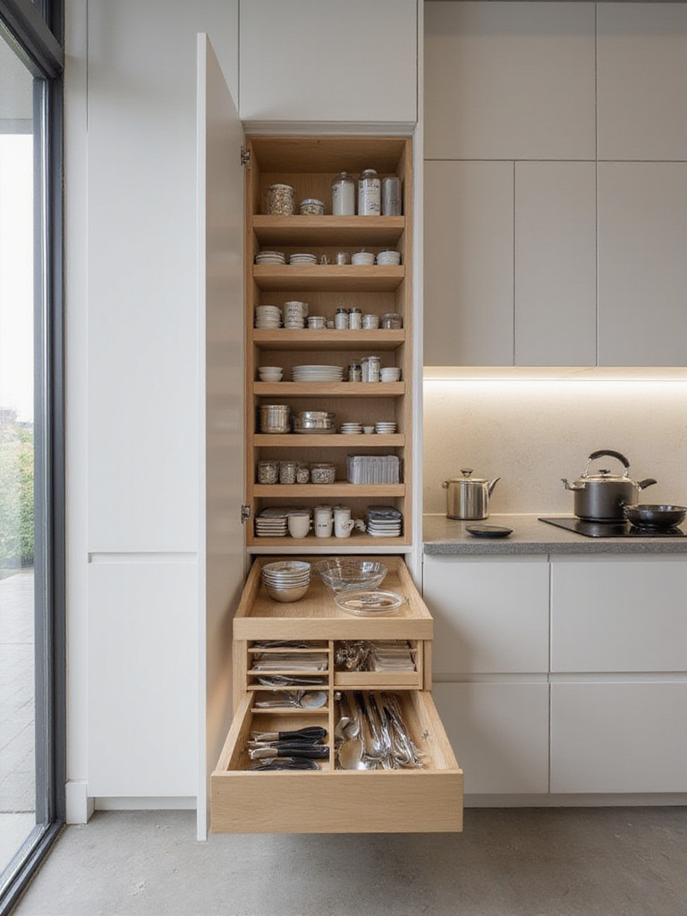 Modern kitchen with smart storage solutions including pull-out pantry and organized drawers.