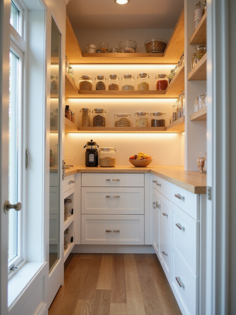 Modern kitchen pantry with organized shelving, clear containers, and LED lighting.