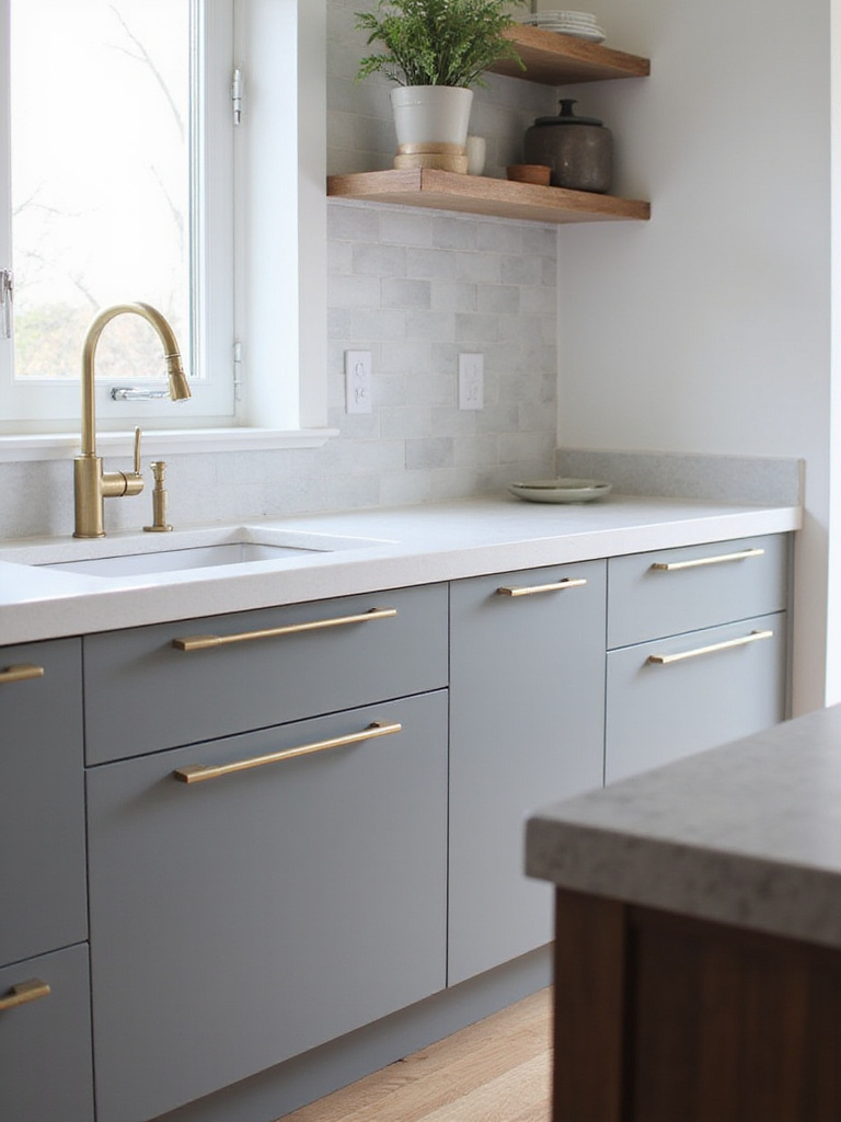 Modern kitchen with gray cabinets and brass hardware