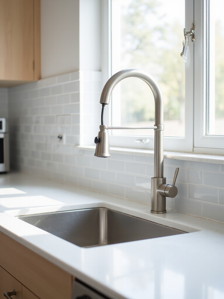 Modern kitchen with a stainless steel touchless faucet on a white quartz countertop.