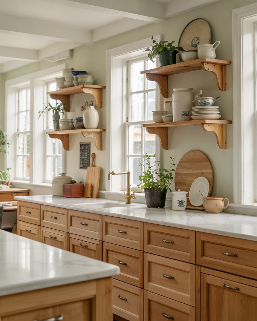 Dark green accent wall with white oak cabinets