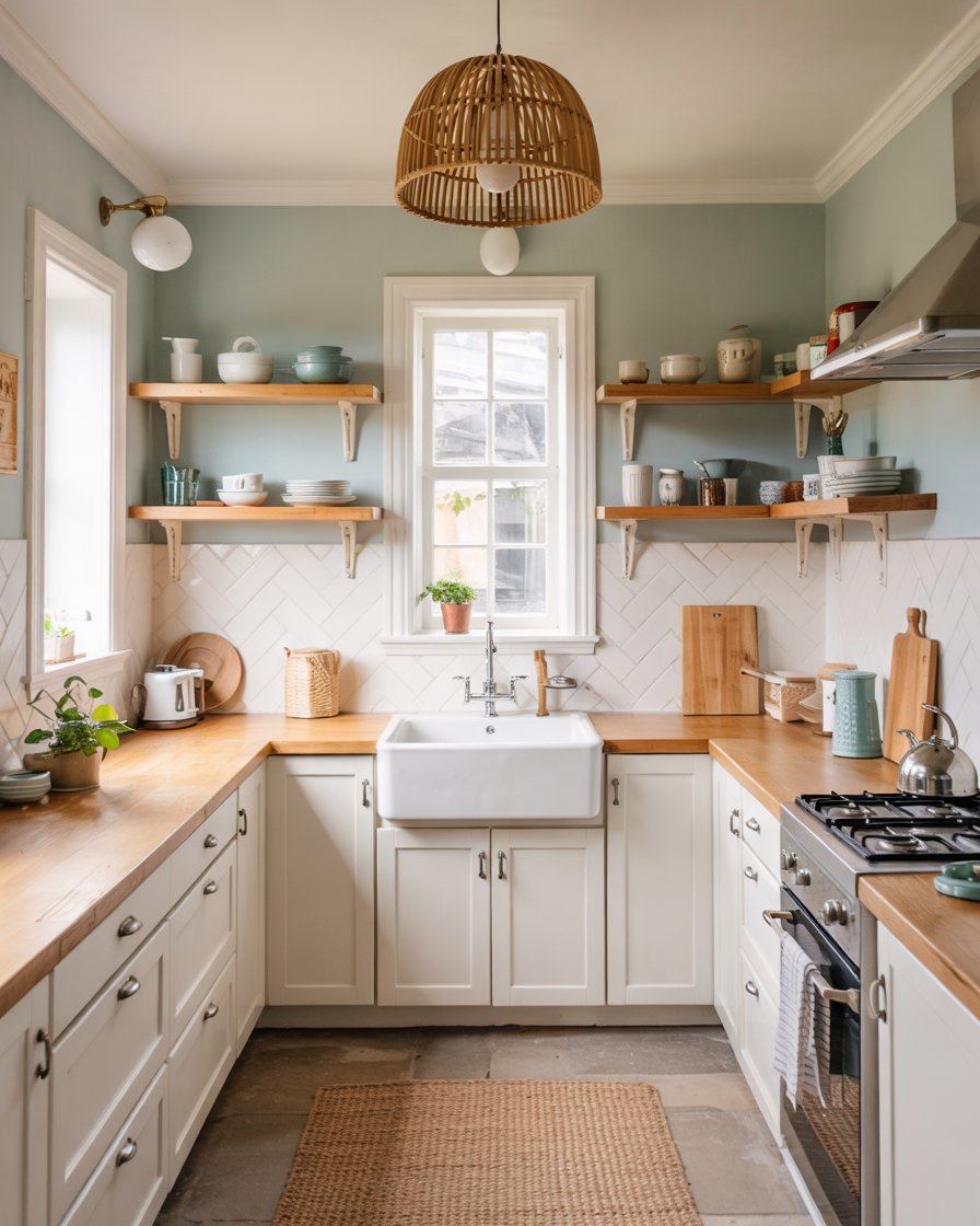Relaxing blue walls with white oak cabinets