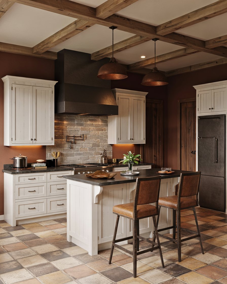 Western-themed kitchen with white oak cabinets