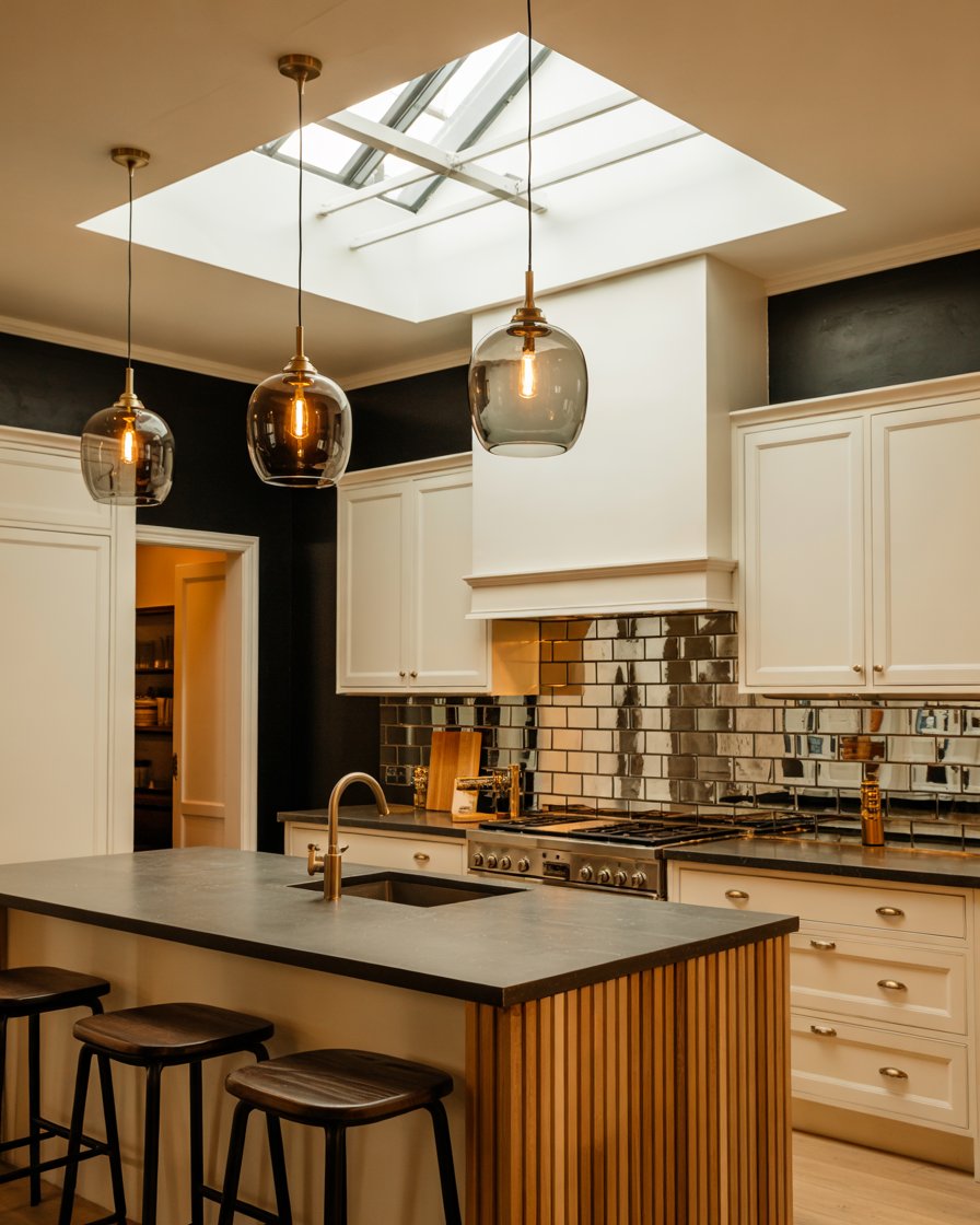 Dark moody kitchen with white oak cabinets