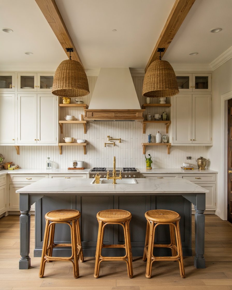 Two-tone kitchen with blue island and white oak