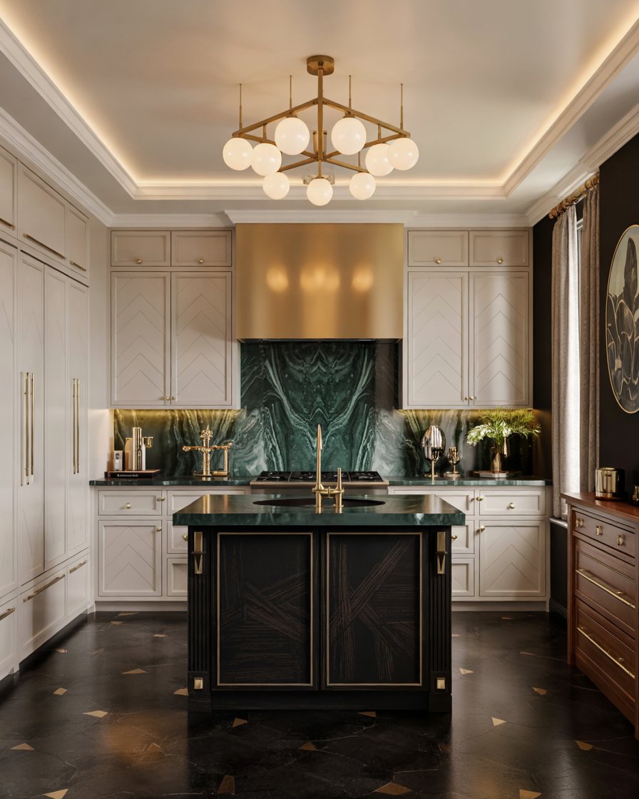 Art Deco kitchen with white oak and brass