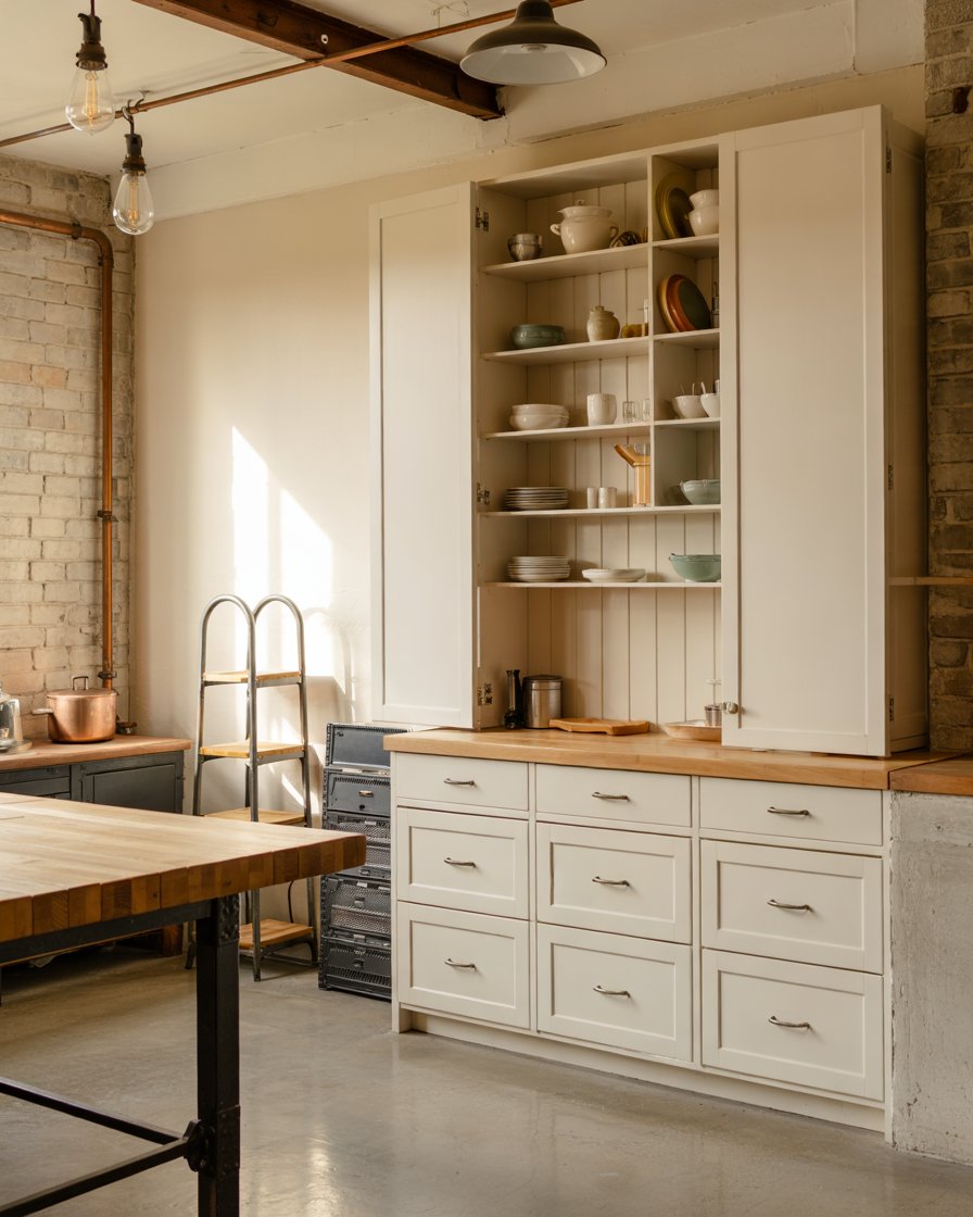 Industrial loft kitchen with white oak cabinets