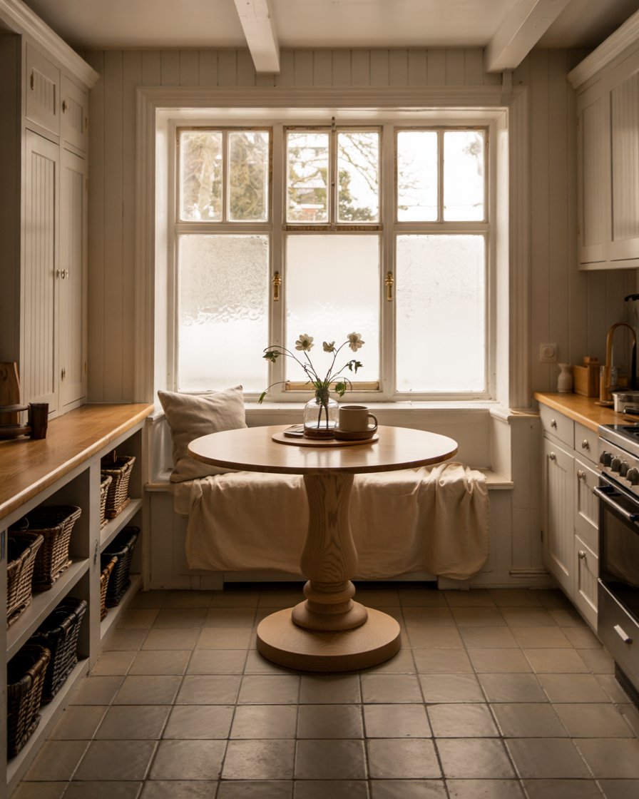 Scandinavian breakfast nook with white oak