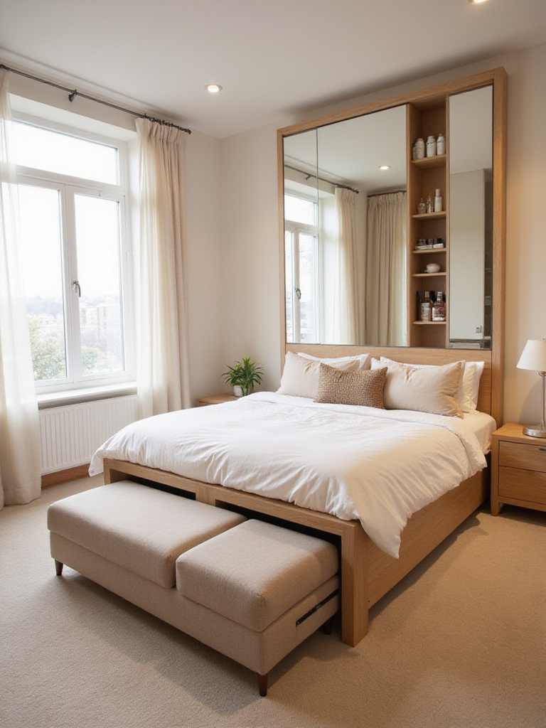 Small bedroom decor featuring platform bed with drawers, storage ottoman, and hidden storage mirror