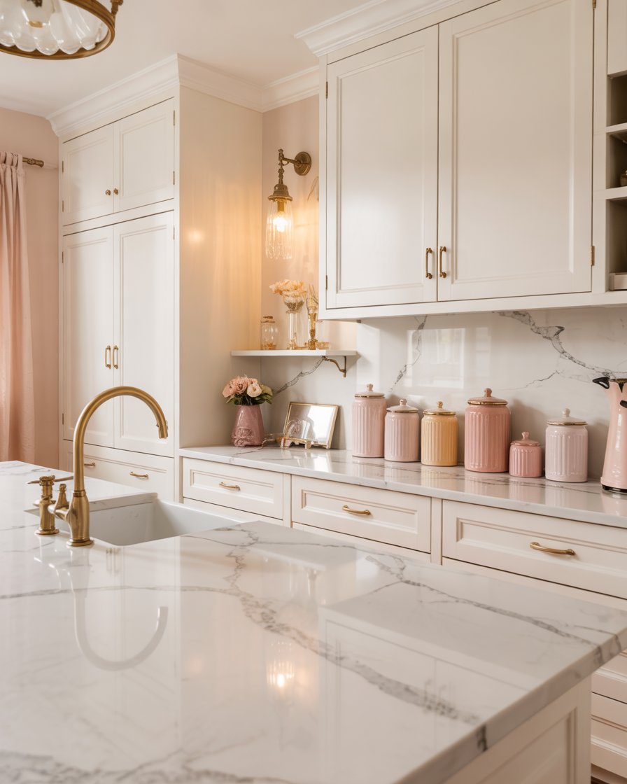 Soft glam kitchen with blush walls and white oak