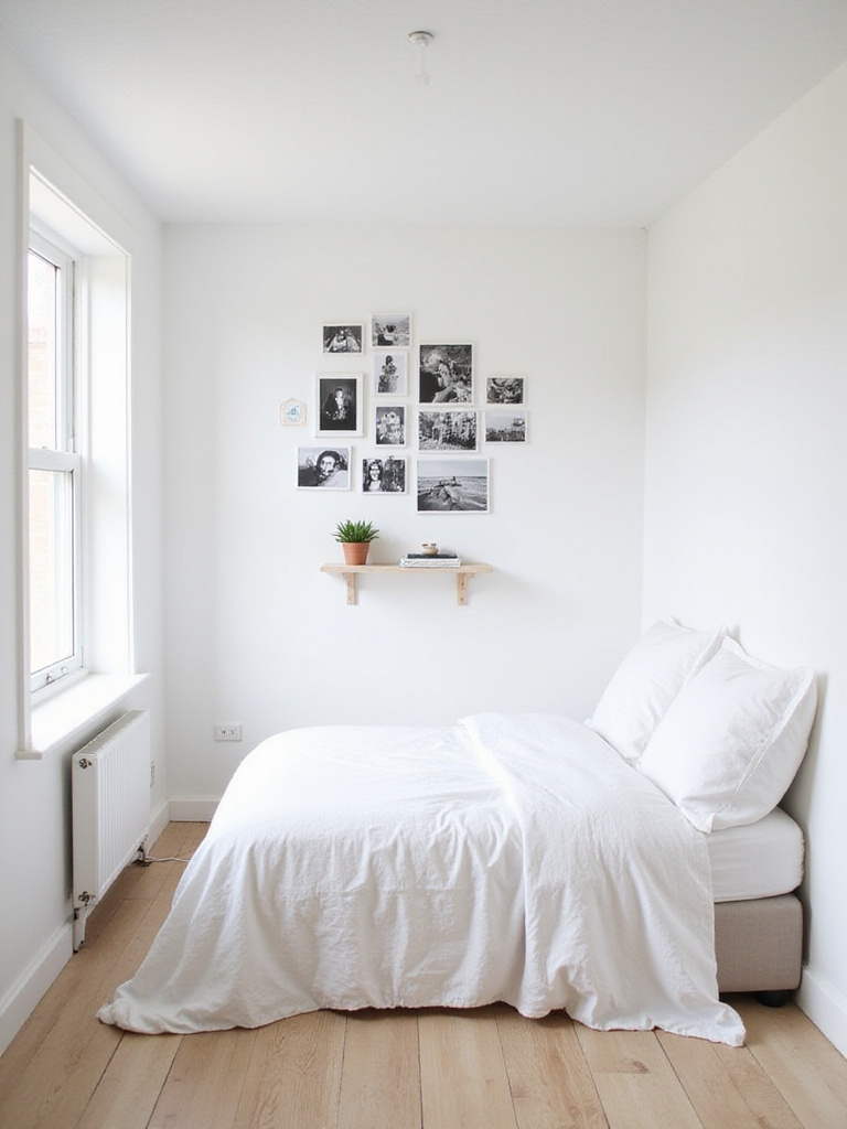 Small bedroom with gallery wall of personal photos and shelf with books and succulent.