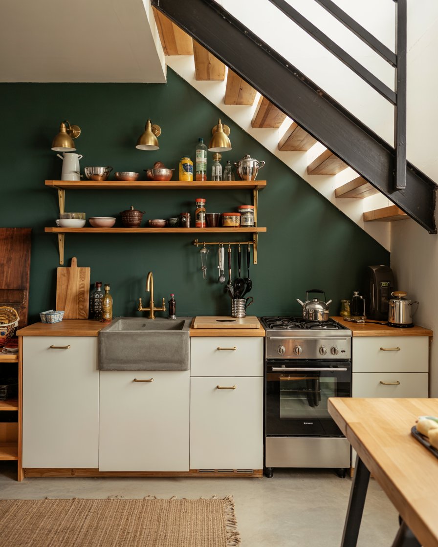 Under-stairs kitchenette with white oak cabinets