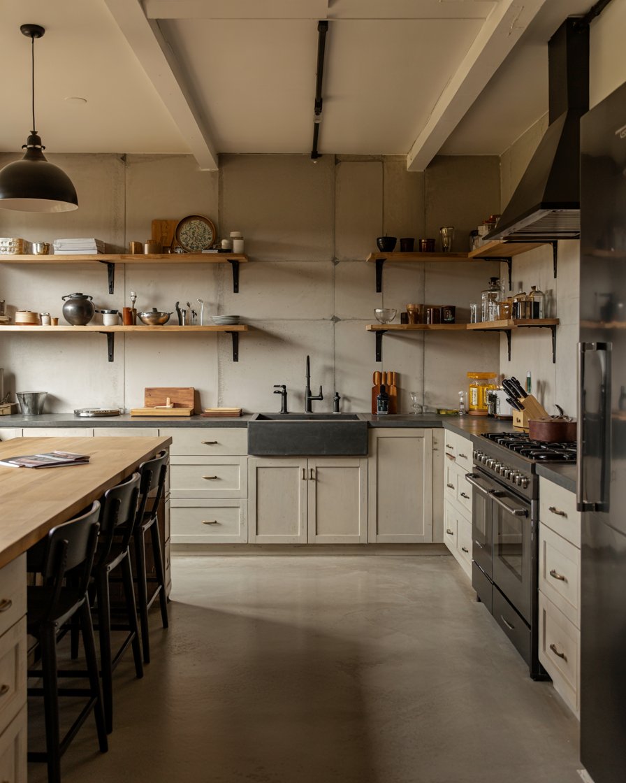 Industrial kitchen with white oak cabinets