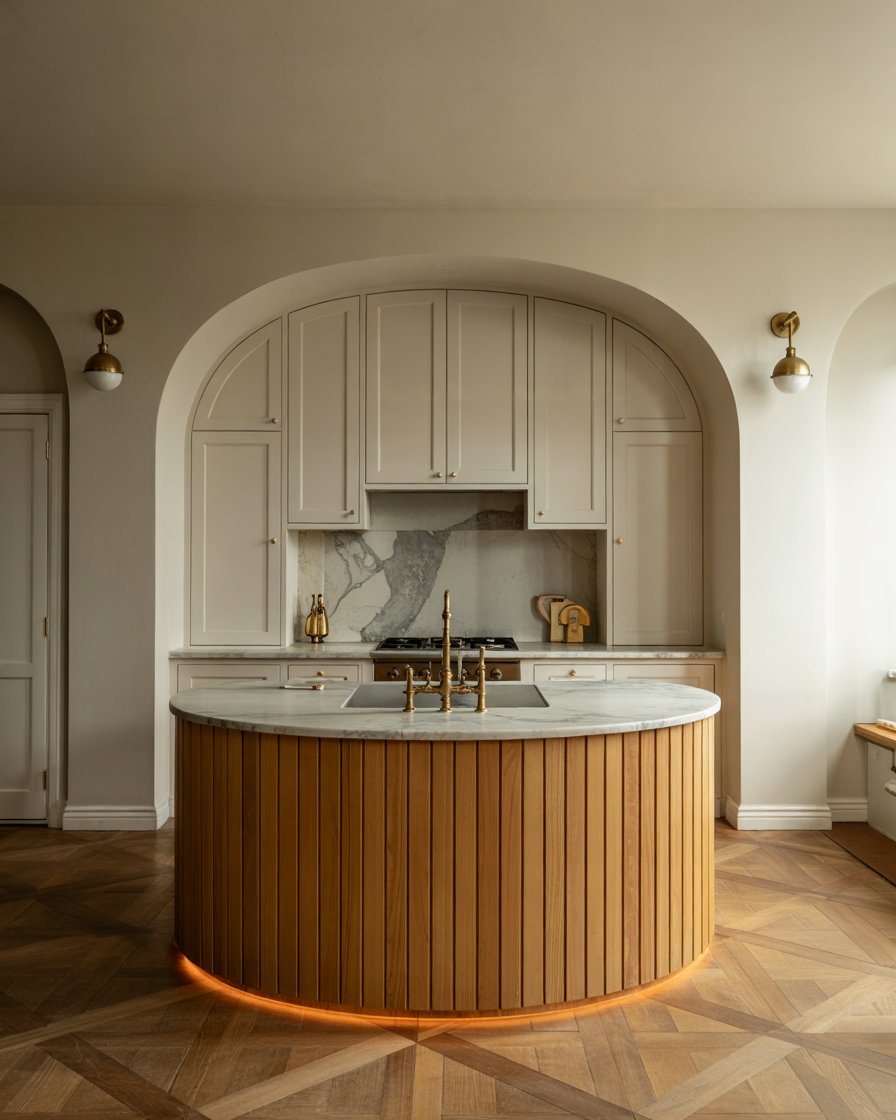 Kitchen with archway and curved island