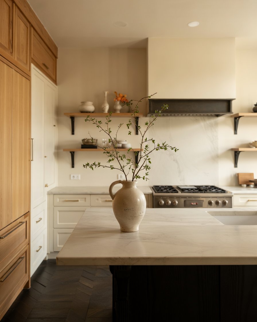 High contrast kitchen with black herringbone floor
