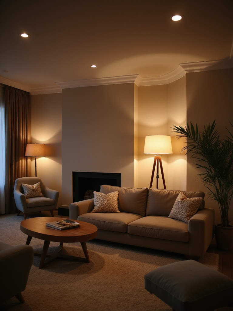 Living room with dimmable lighting creating a cozy and inviting atmosphere.