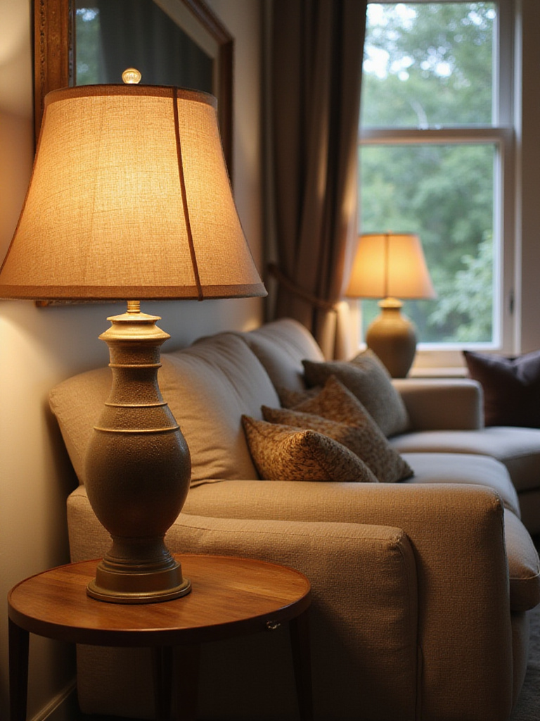 Living room with sofa and side tables featuring different table lamps, creating a cozy and inviting atmosphere.