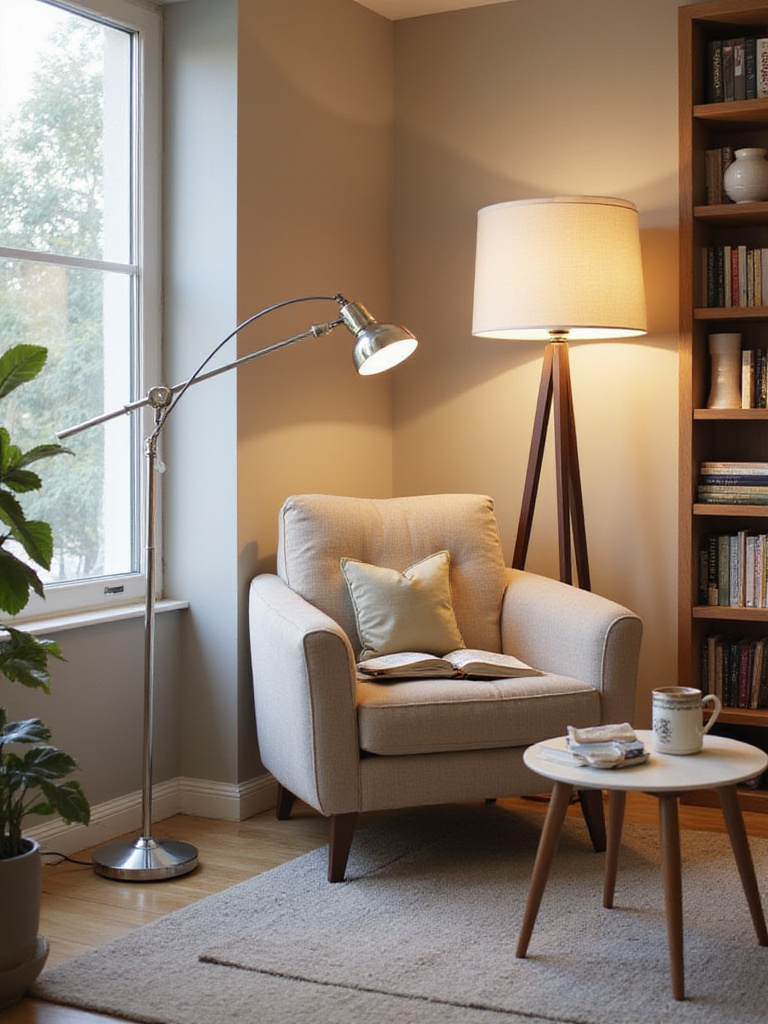 Modern living room with various floor lamps providing ambient and task lighting.