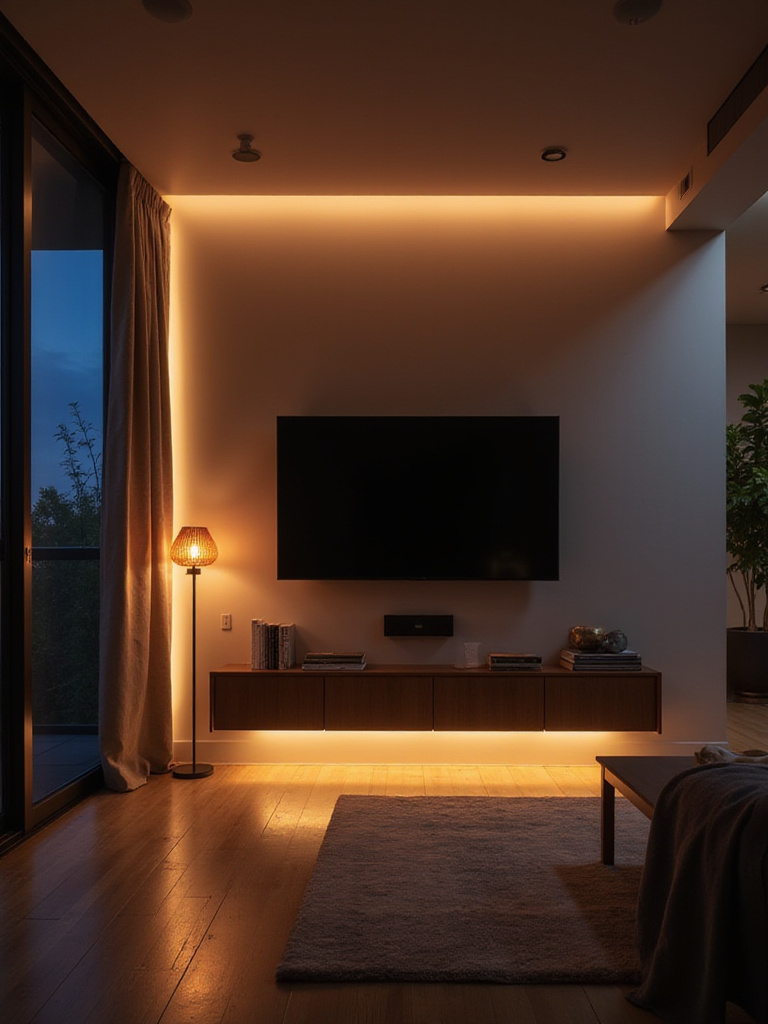 Modern living room interior with smart lighting creating a relaxing ambiance.