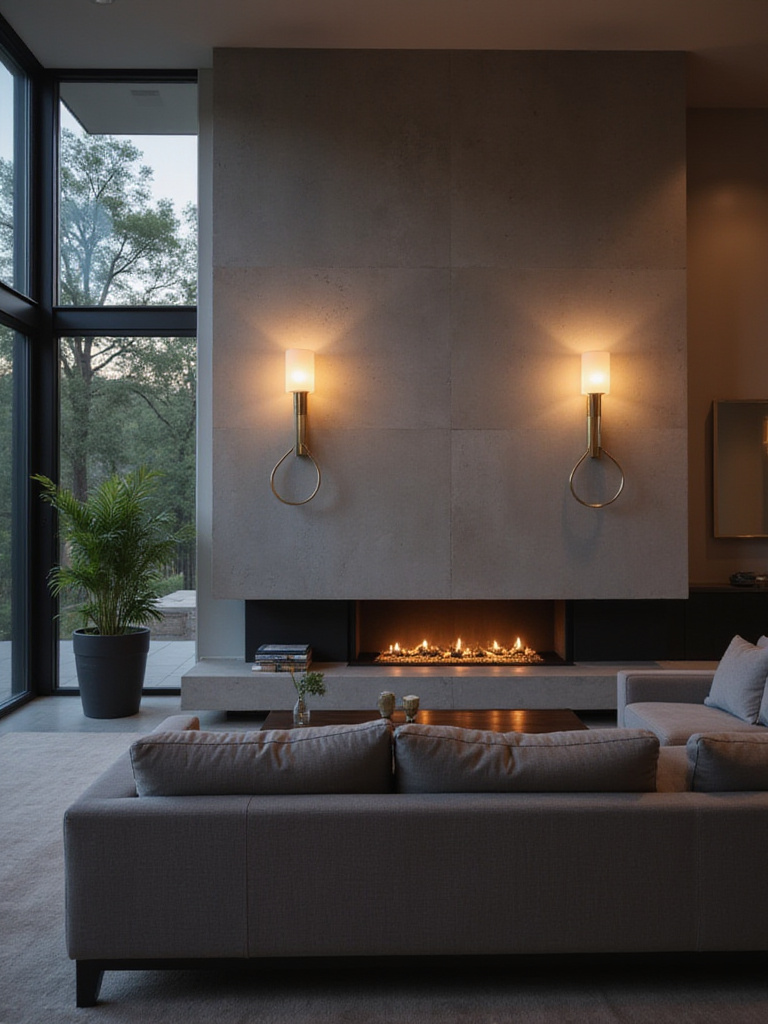 Modern living room with brushed brass wall sconces flanking a minimalist fireplace, creating warm and inviting ambient lighting.
