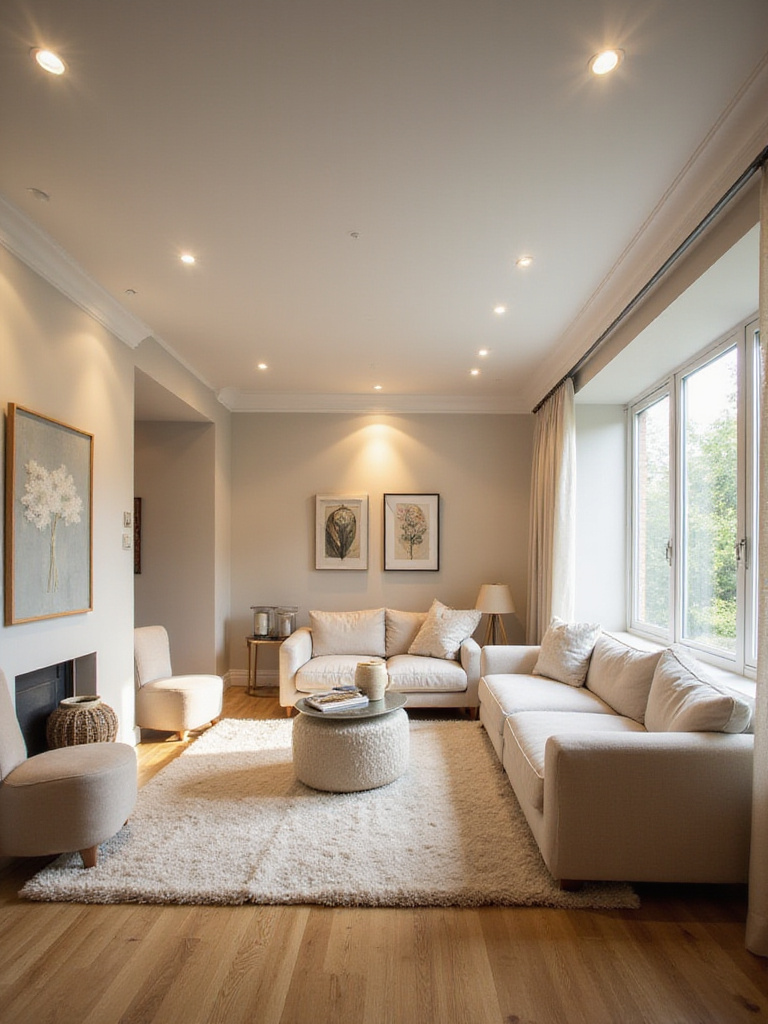 Modern living room with sleek recessed lighting creating a bright and inviting atmosphere.