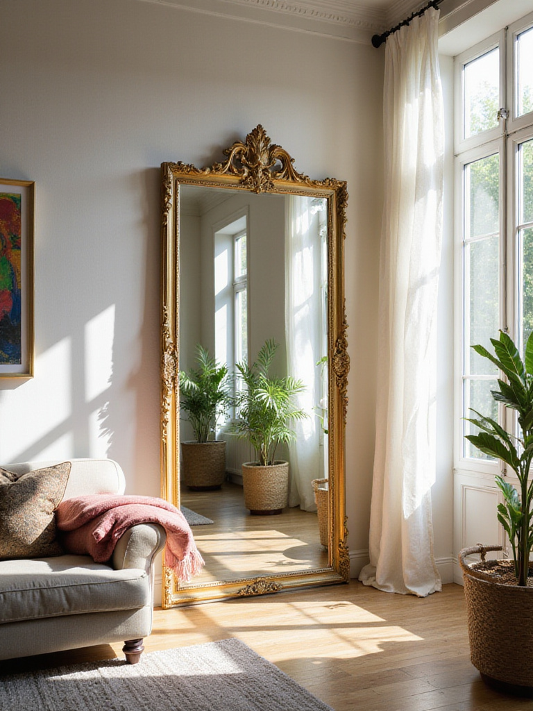 Living room with a large mirror reflecting natural light from windows, creating a brighter space.