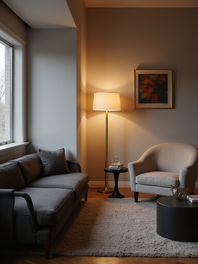 Living room with strategically placed lamps to balance visual weight.