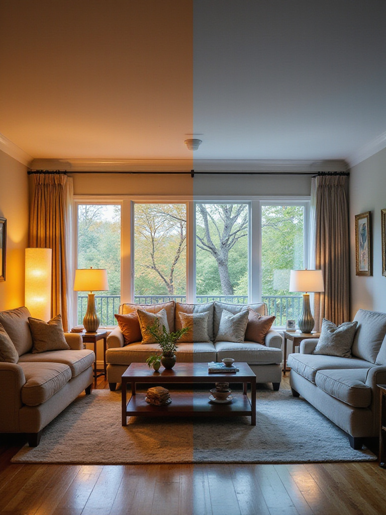 Living room showcasing the difference between warm and cool lighting color temperatures.