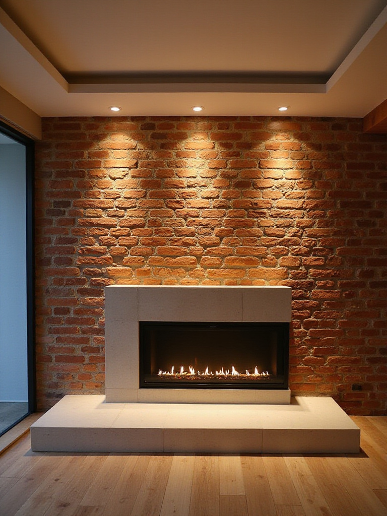 Living room with exposed brick wall highlighted by spotlights and crown molding illuminated with uplighting.