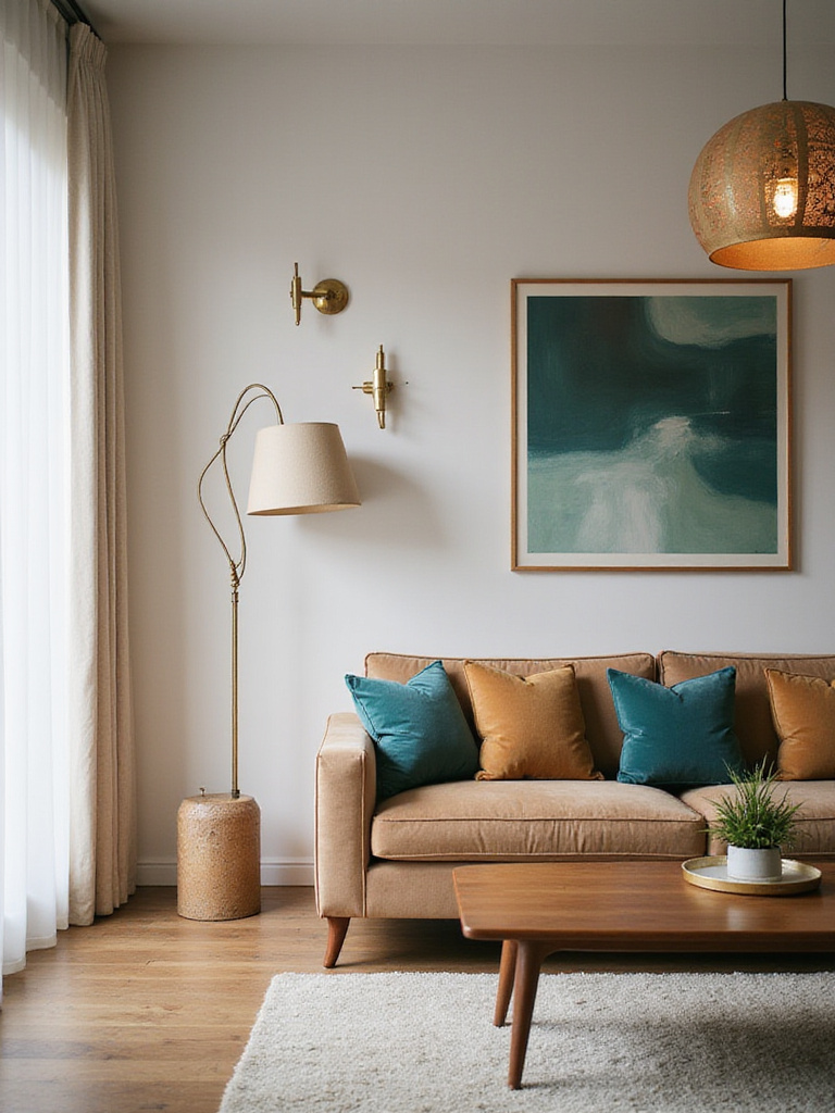 Living room with mid-century modern decor featuring layered lighting including a floor lamp, pendant light, and wall sconces.