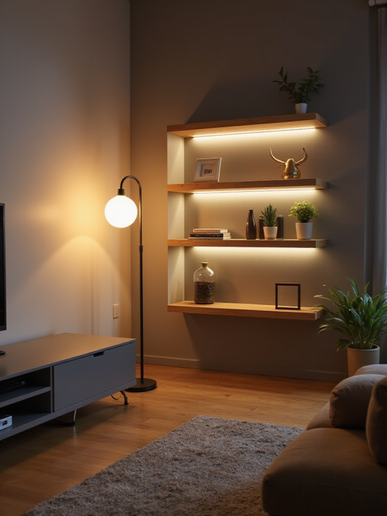 Living room corners illuminated with floor lamp and LED strip lights, creating a spacious and inviting atmosphere.