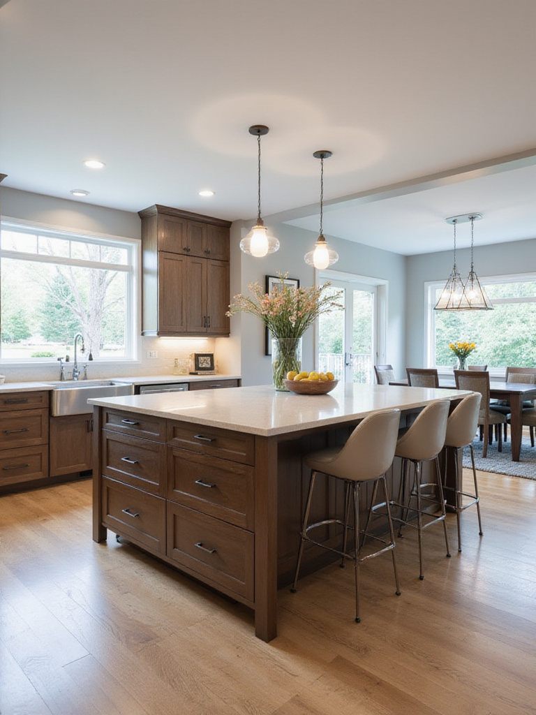 Modern kitchen island with sink, storage, and breakfast bar.