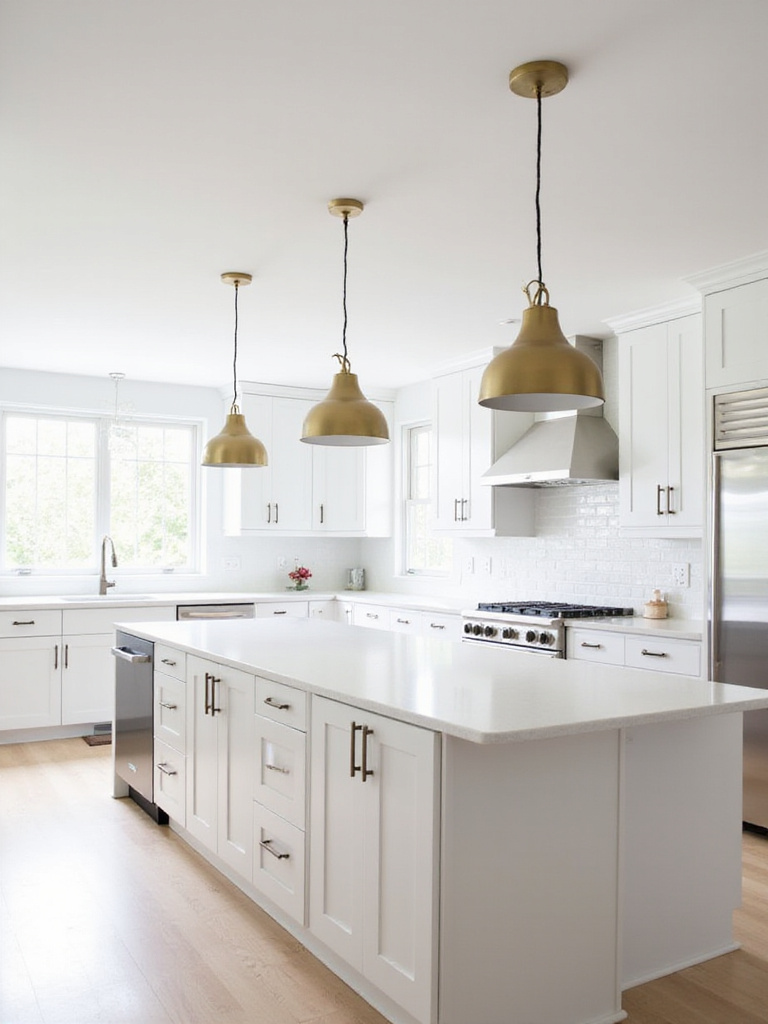 Modern kitchen island illuminated by three stylish gold pendant lights