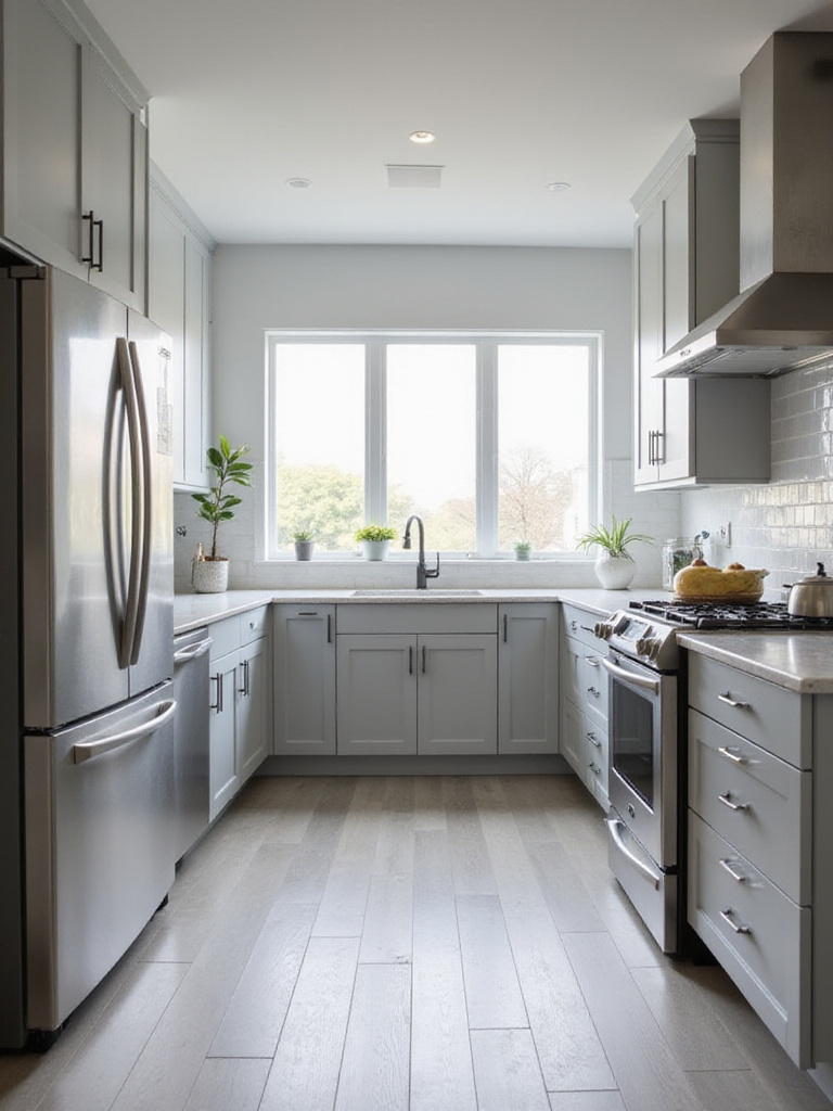 Modern kitchen with sleek stainless steel appliances and light grey cabinets