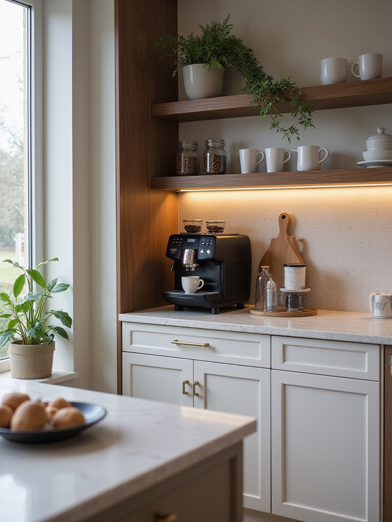 Modern kitchen corner with a dedicated coffee station featuring dark wood shelves, an espresso machine, and organized coffee supplies.