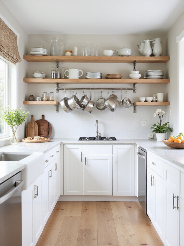 Modern kitchen design featuring maximized vertical storage with tall cabinets and open shelving.