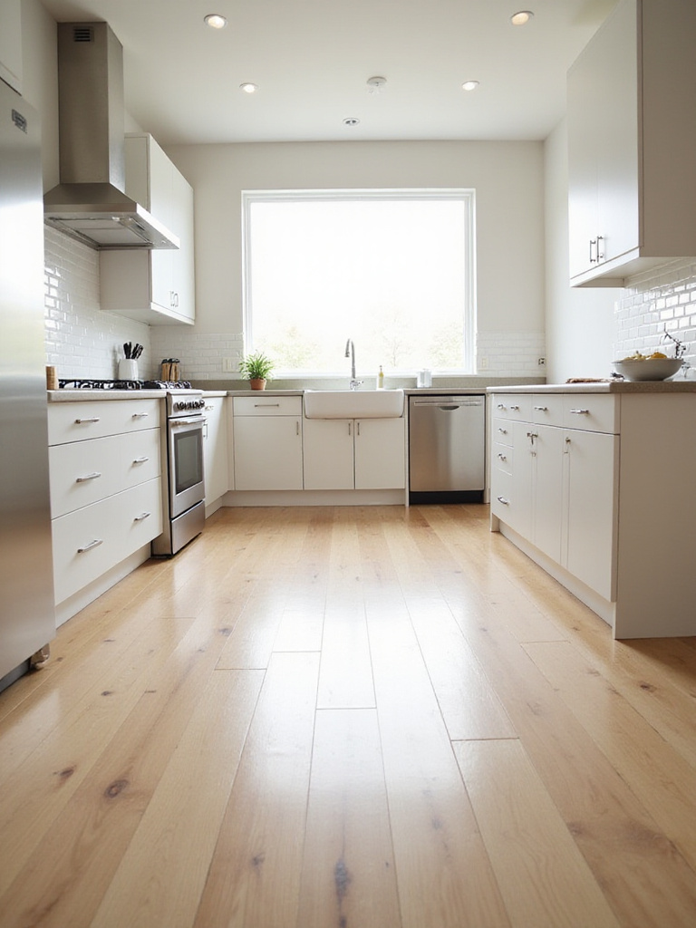 Modern kitchen interior featuring light hardwood flooring.