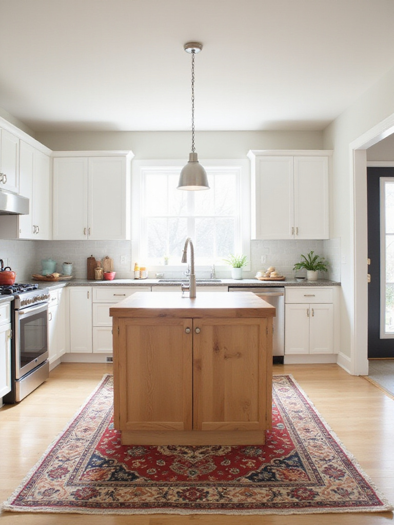 Kitchen interior with a colorful rug under the island as a focal point