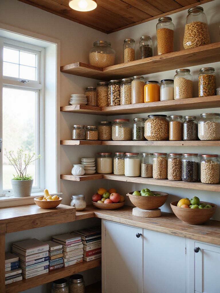 Open kitchen pantry with neatly organized jars of dry goods and colorful produce.