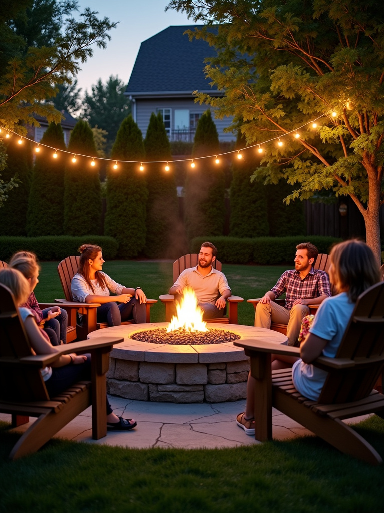 Cozy backyard fire pit area with friends and family gathered around