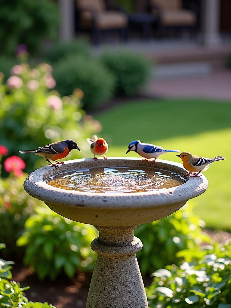 Charming stone bird bath in a backyard oasis, attracting colorful songbirds for bathing and drinking.