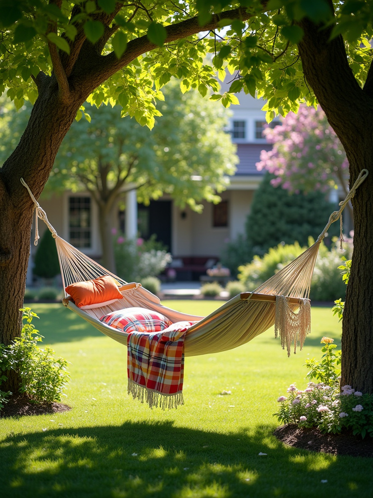 Hammock hanging between trees in a peaceful backyard oasis