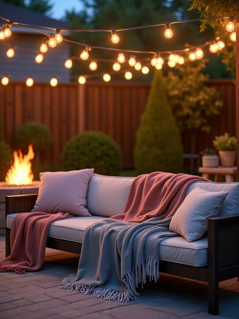 Cozy backyard patio with throw blankets draped on outdoor sofa for comfortable evenings.
