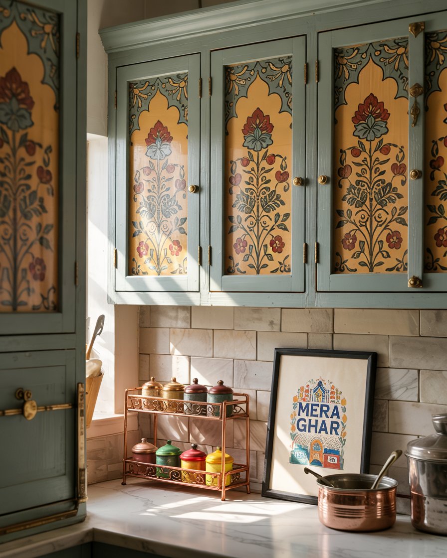 Indian inspired vibrant kitchen cabinets