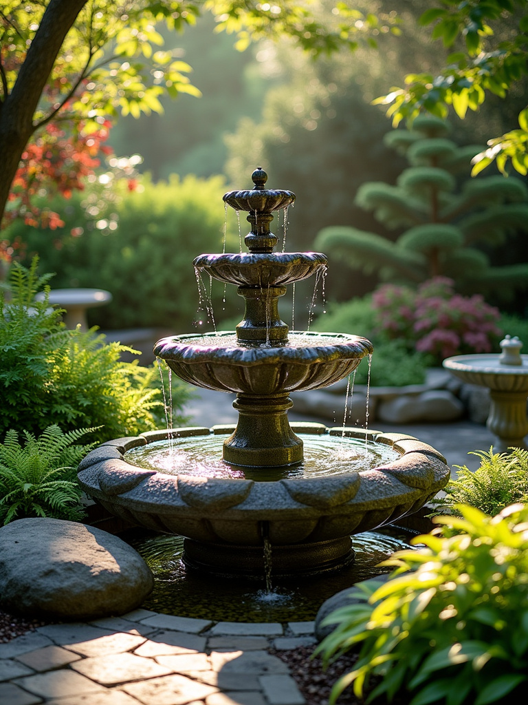 Backyard oasis featuring a multi-tiered stone water fountain surrounded by lush greenery, creating a tranquil atmosphere.