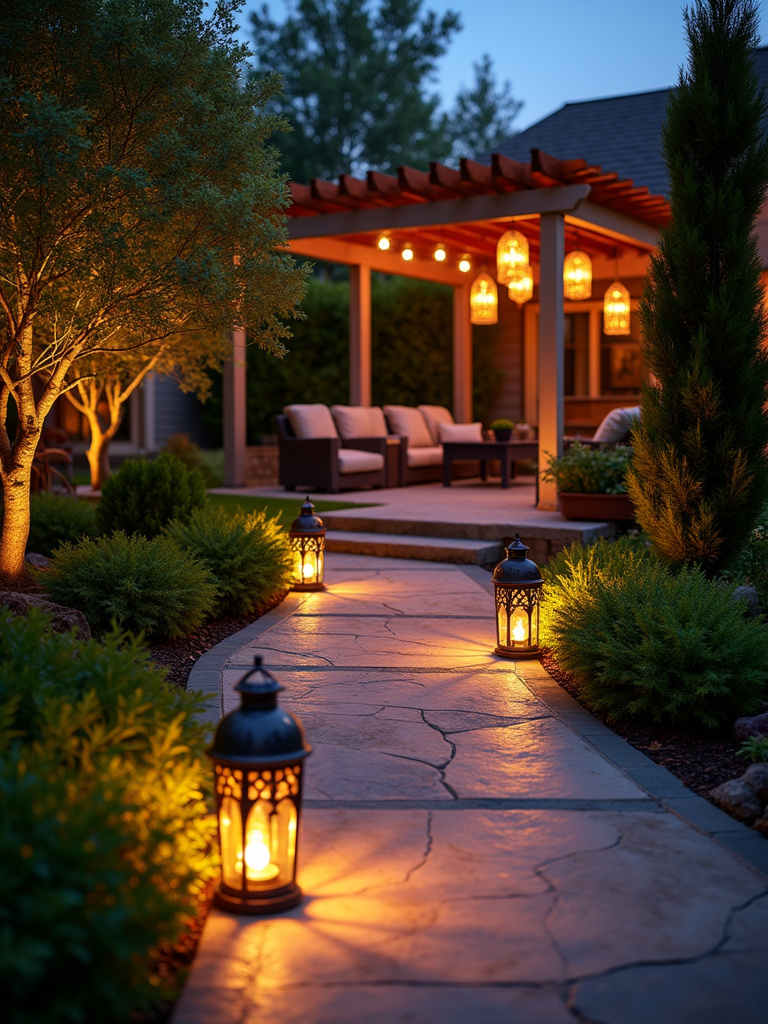 Backyard patio illuminated by elegant outdoor lanterns, creating a warm and inviting atmosphere.
