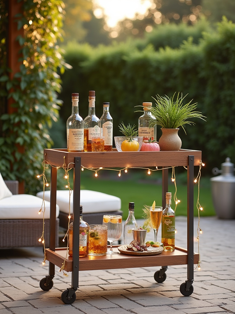 Outdoor bar cart stocked with drinks and garnishes for outdoor entertaining