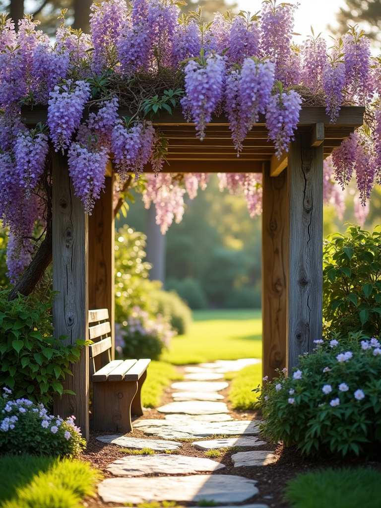 Romantic backyard arbor covered in wisteria blossoms, creating a welcoming entryway.